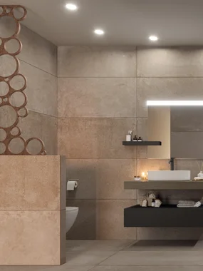 3D-Renderings und Visualisierungen Modernes Badezimmer mit beiger Fliesenwand, Dusche und Waschbecken