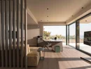 INTERIOS. Dein Interior-Design-Studio. Modernes Zimmer mit Schreibtisch, Sofa und großen Glasfenstern mit Blick ins Freie