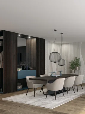 3D-Visualisierung Moderner Ess- und Wohnbereich mit dunklem Tisch, beigen Stühlen und Sofa