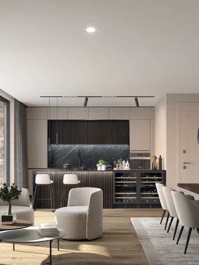 Musterwohnung und -haus Moderner Wohn- und Essbereich mit offener Küche und Sitzmöbeln