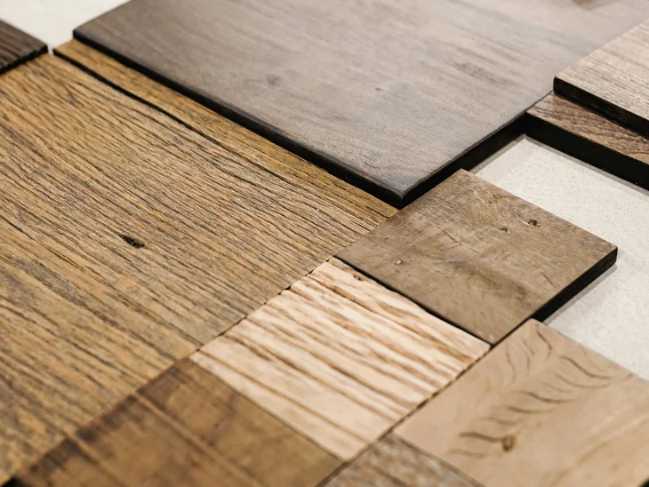 INTERIOS. Dein Interior-Design-Studio. Verschiedene Holzmuster aus quadratischen Stücken nebeneinander angeordnet