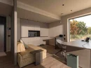 INTERIOS. Dein Interior-Design-Studio. Modernes Zimmer mit Sofa, Schreibtisch, Küchenzeile und großem Fenster zum Garten