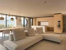 INTERIOS. Dein Interior-Design-Studio. Modernes Wohnzimmer mit weißem Ecksofa, Essbereich und offener Holzküche